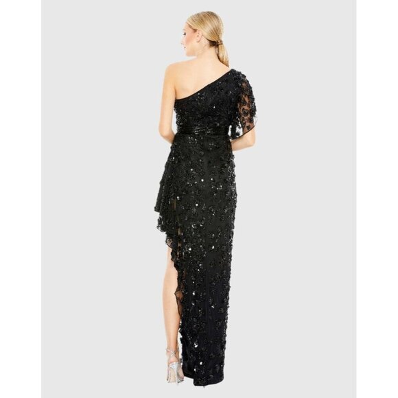 Mac Duggal Size 4 Black 93687 One Shoulder Beaded Asymmetrical Hem Gown Dress - Picture 2 of 12